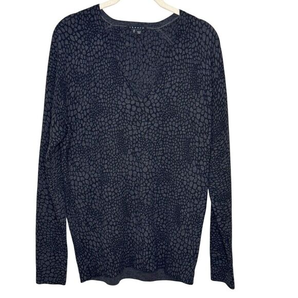 Theory Sweater Size Medium Adrianna V Neck Gray Black Print Wool Blend - Picture 1 of 7